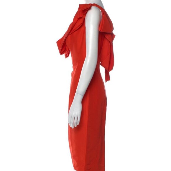 New Carolina Herrera On/Off Shoulder Silk Red Orange Cocktail Midi Dress 8 US - Picture 2 of 3